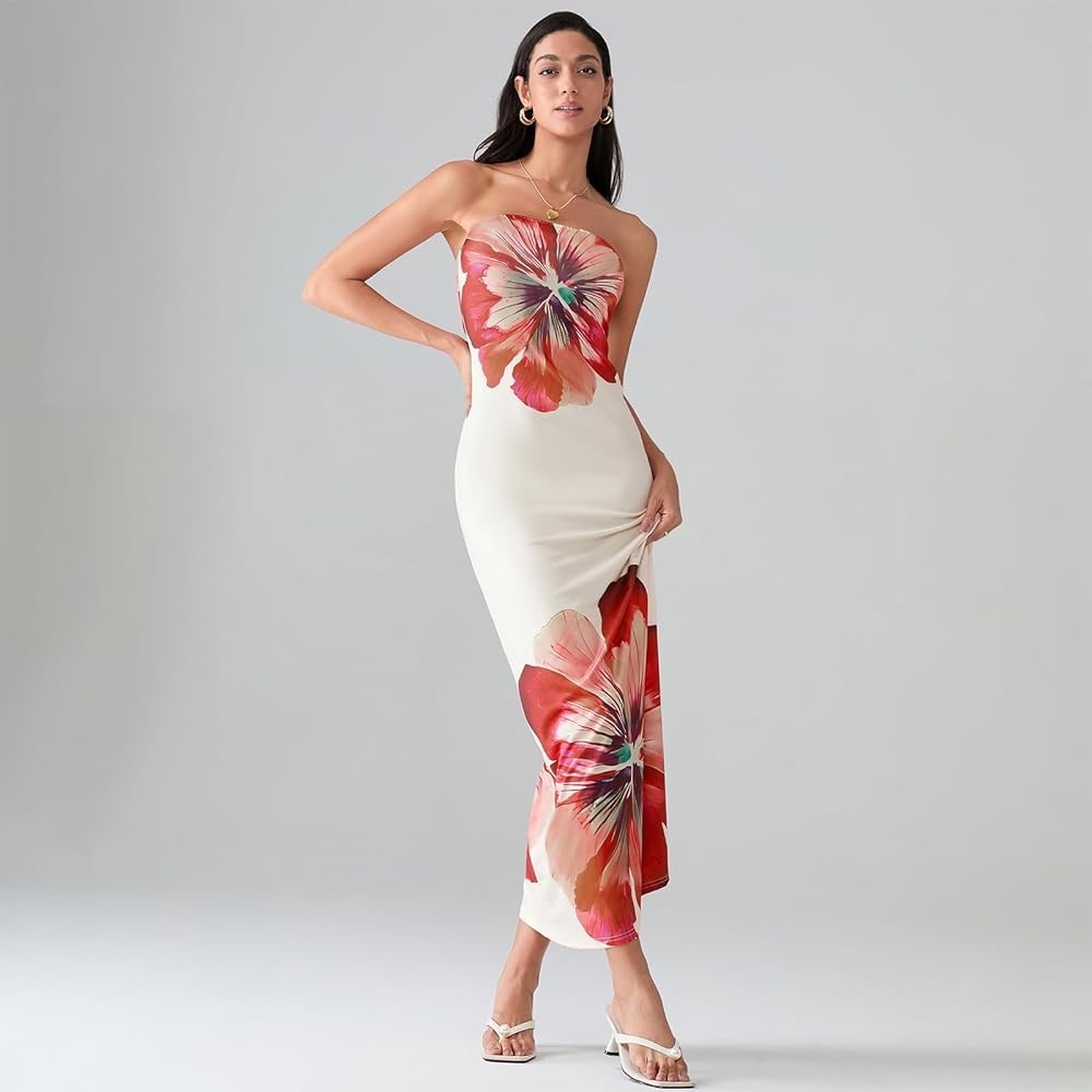 Sexy Strapless Floral Maxi Slip Dress